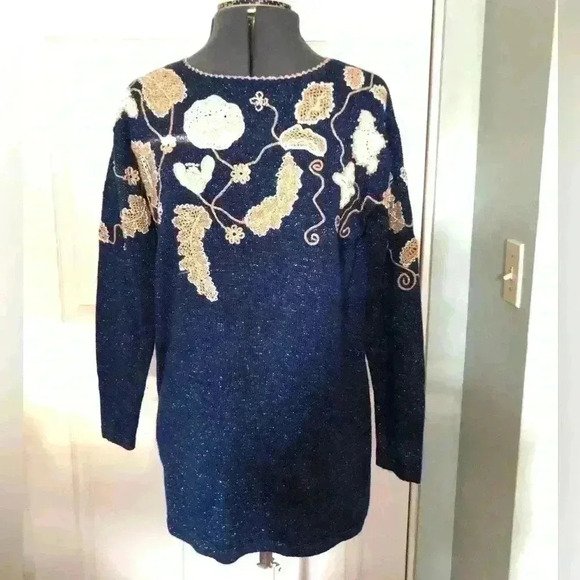 VTG Jacklyn Smith Blue White Flowers Embelished Knit Sweater Petite Medium - Picture 1 of 7